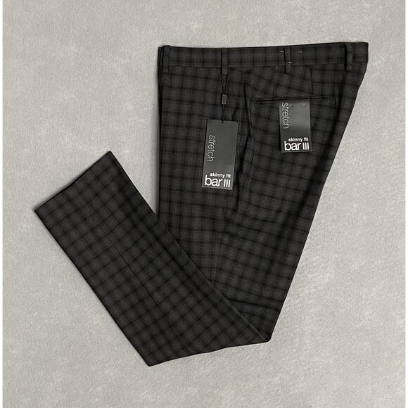 Bar III Men's 36x30 Dress Pant Skinny Fit Stretch Gray & Black Check NWOT